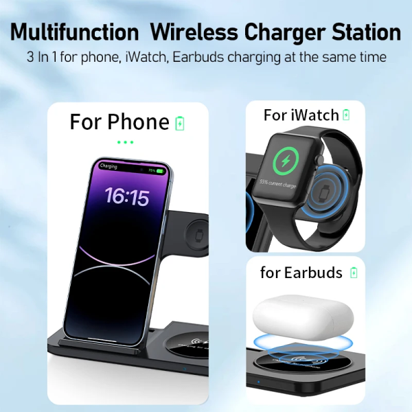300W Fast Wireless Charger Stand Pad Foldable Fast Charging Station Dock for iPhone 16 15 14 13 12 Pro Max Apple Watch Airpods 2