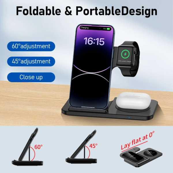 300W Fast Wireless Charger Stand Pad Foldable Fast Charging Station Dock for iPhone 16 15 14 13 12 Pro Max Apple Watch Airpods 4